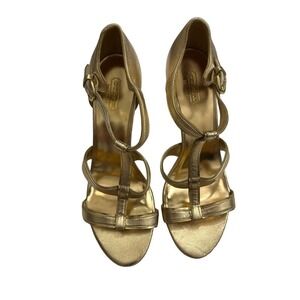 Coach Trixy Gold metallic open toe strappy wedge heels size 8